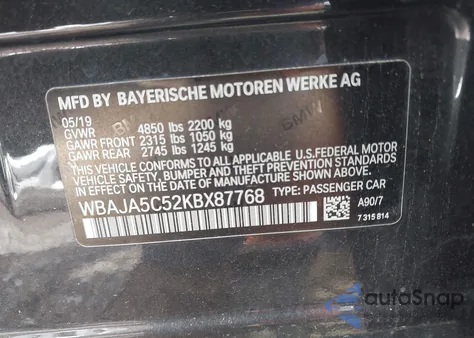 2019 BMW 530I from USA, damaged, VIN WBAJA5C52KBX87768